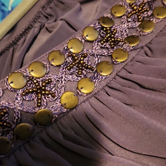 Bisou Bisou Ladies Size Medium Purple Square Neck Bronze Disk Maternity Top - Picture 4 of 5